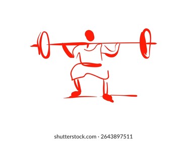 ilustrações minimalistas da arte da linha vermelha representando um halterofilista em fases diferentes de um agachamento de barbell ou limpo