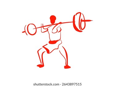 minimalist red line art illustrations depicting a weightlifter in different phases of a barbell squat or clean