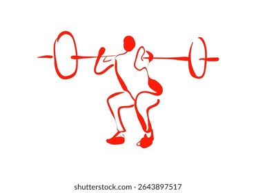 minimalist red line art illustrations depicting a weightlifter in different phases of a barbell squat or clean
