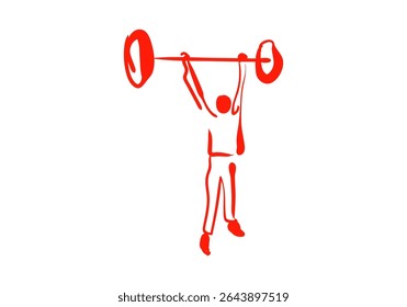 ilustrações minimalistas da arte da linha vermelha representando um halterofilista em fases diferentes de um agachamento de barbell ou limpo