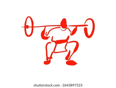 ilustrações minimalistas da arte da linha vermelha representando um halterofilista em fases diferentes de um agachamento de barbell ou limpo