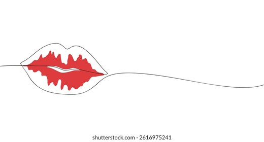 Minimalist red lips illustration in continuous line art style, ideal for romantic, beauty, and fashion design concepts.  
