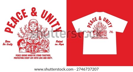 Minimalist red monochrome vector of a mother holding a peace dove with a child and an elderly man, symbolizing unity, love, and protection across generations. Features olive branches and a “No War” message. Perfect for t-shirts, posters, stickers, streetwear, and peace campaign designs.