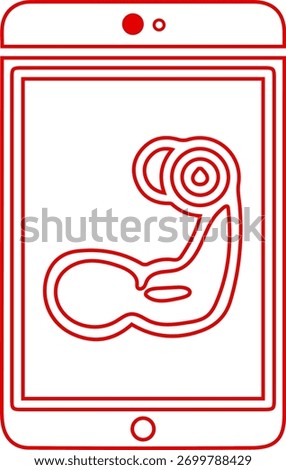 A minimalist red outline of a smartphone screen shows a flexing bicep icon, symbolizing fitness and strength.