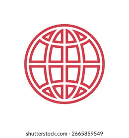 A minimalist red outline vector icon representing a stylized globe with grid lines, suggesting connectivity and international reach.