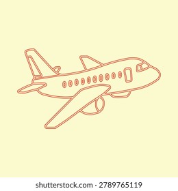 Minimalist red outline vector illustration of a passenger airplane in flight with airplane aircraft aviation transportation minimalist aerospace transport commercial airliner flightpath