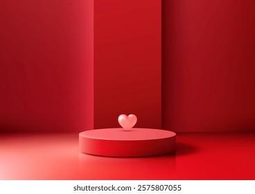 Minimalist red podium with a delicate pink heart symbol offers a striking Valentine concept, perfect for product display, mockups, and showcasing love themed items in an elegant design