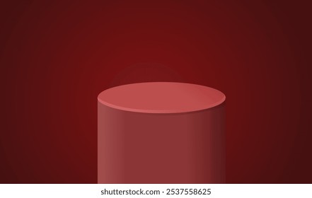 Minimalist red podium pedestal for product showcase. Empty stage. Geometric cylinder 3D spotlight Stand. Abstract shapes design on red gradation background. Flat realistic vector.