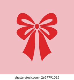 Minimalist red ribbon bow. Flat vector design perfect for nursery prints, greeting cards, or festive decoration. Elegant and feminine illustration in modern style isolated on pink background.