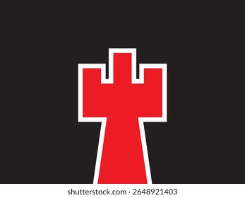 Minimalist Red Rook Chess Piece with White Outline on Black Background Illustration