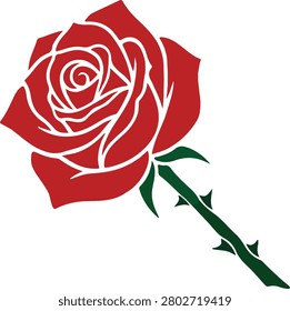 A minimalist red rose vector illustration featuring clean white line details, a green stem, and subtle thorns. This elegant floral artwork is ideal for logos, tattoos, stickers, greeting cards, wedding invitations, wall art, and decorative design projects. The modern vector style makes it suitable for both digital and print applications.#RedRose #MinimalistRose #RoseVector #FloralArt #LineArt #BotanicalDesign #FlowerIllustration #RoseDesign #VectorArt #ElegantFlower
