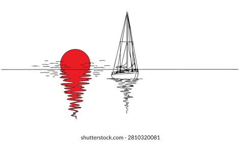 Minimalist red sun reflection with a small sailboat on calm water and gentle ripples.
