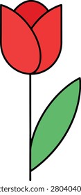 Minimalist Red Tulip Flower With One Green Leaf Isolated on White Background Clean Simple Floral Clip Art