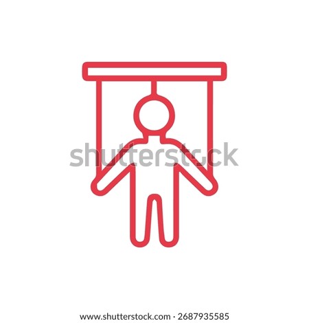 Minimalist red vector icon of a human figure suspended by the head from a beam symbolizing crisis despair or extreme peril.