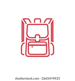 A minimalist red vector illustration of a backpack featuring shoulder straps and a front pocket, outlined in red against a white backdrop.