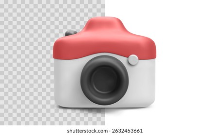 Ícone minimalista de câmera em vermelho e branco em estilo 3D, ideal para projetos de fotografia, blogs, mídia ou conteúdo social. Procure aplicativos de viagem ou Creative Branding. Ilustração de vetor.