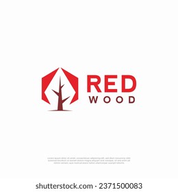Minimalist red wood tree hexagon logo design template
