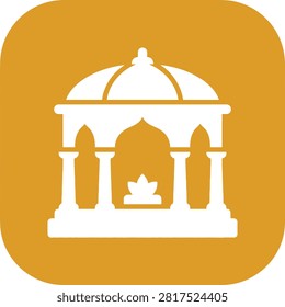 Minimalist religious building design, oriental structure symbol, indian traditional worship site, orange background.