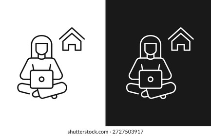 Ícone de trabalho remoto minimalista com pessoa de pernas cruzadas com símbolo de laptop e casa em contraste preto e branco dividido, arte de linha limpa para trabalhar em casa, aprendizado on-line e estilo de vida digital.