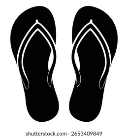 Interpretação minimalista com dois chinelos pretos apresentados em silhueta dura, dispostos simetricamente contra um fundo transparente, evocando uma vibração de verão e conforto casual.