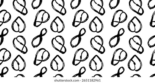 A minimalist, repeating pattern of bold, black, hand-drawn outlines. The design alternates between pretzel-like shapes and abstract heart-like forms on a white canvas.