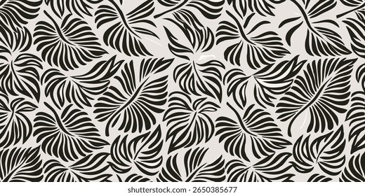 A minimalist, repeating pattern featuring stylized black tropical leaves against a light cream background, creating a modern and elegant aesthetic.