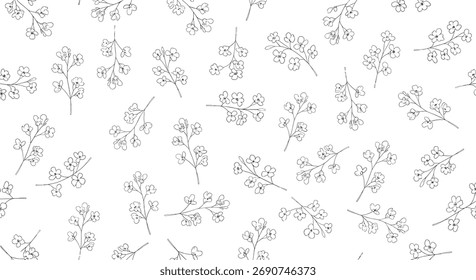 A minimalist repeating pattern of small wildflowers on a white background.