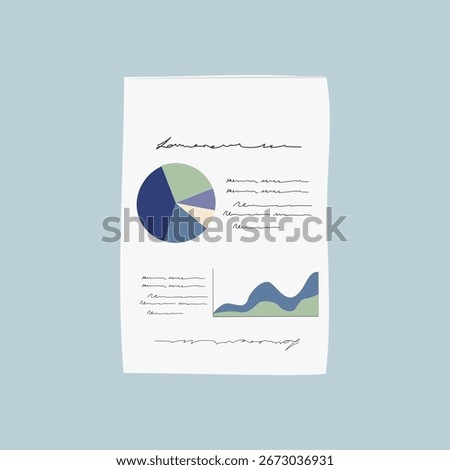Minimalist report illustration with pie chart and line graph. Simple, clean design. Ideal for business, data, and analytics presentations. Minimalist style. Aesthetic vector illustration.