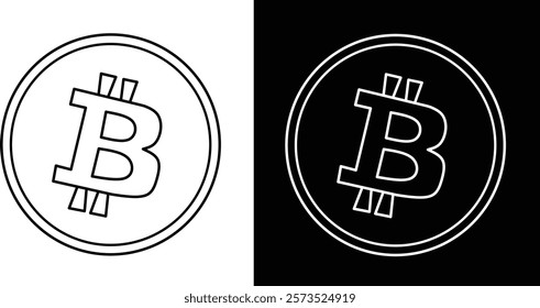 A minimalist representation of a Bitcoin symbol in contrasting monochrome tones, featuring bold lines on a divided black and white background, embodying cryptocurrency style and modern digital aesthet