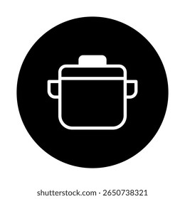 Minimalist representation of a cooking pot within a black circle for kitchen themes, cooking tools and icons