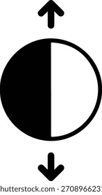 Representación minimalista de un círculo medio sombreado con flechas hacia arriba y hacia abajo que indican un cambio direccional o fuerzas opuestas con una línea clara