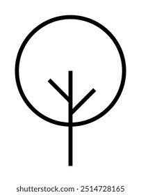 Representação minimalista de uma árvore com uma coroa circular e ramos lineares, dentro de um círculo preto. Ideal para sustentabilidade, natureza, minimalismo, ecologia e logotipos ambientais. Simples