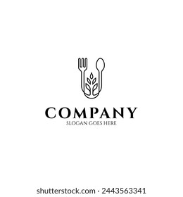 Minimalist restaurant and food logo with the concept of a spoon, fork and rice or wheat.