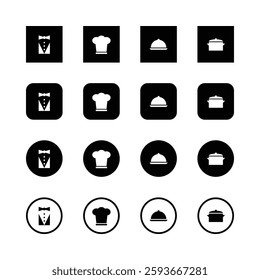 Minimalist restaurant icons, black and white, vector graphics, flat design, waiter uniform, chef hat, serving dish, cooking pot, square icons, circular icons, rounded square icons, hospitality symbols