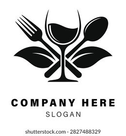 Minimalist restaurant logo design featuring wine glass fork spoon and leaves icon restaurant catering