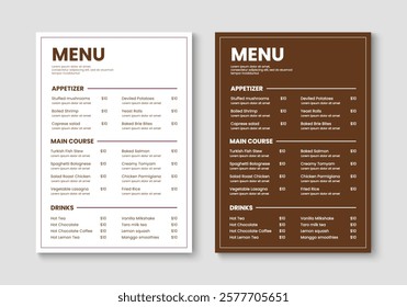 Minimalist restaurant menu layout design. Food and drink menu template. Vector