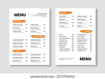 Minimalist restaurant menu layout design. Food and drink menu template. Vector