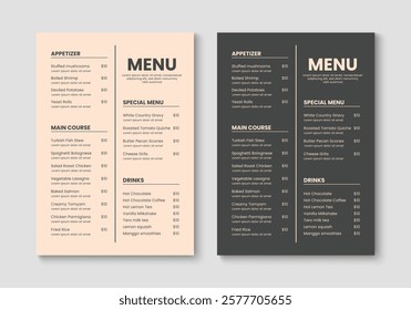 Minimalist restaurant menu layout design. Food and drink menu template. Vector