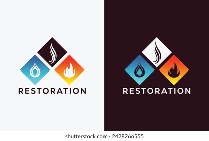 Minimalist Restoration company vector logo for Fire Flame , drop and smoke. Modern colorful Fire Flame , drop and smoke vector logo. water, smoke, Crest, ingle logo