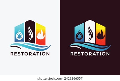 Minimalist Restoration company vector logo for Fire Flame , drop and smoke. Modern colorful Fire Flame , drop and smoke vector logo. water, smoke, Crest, ingle logo