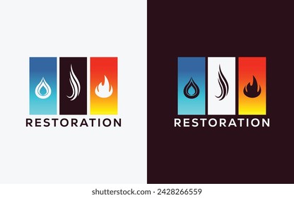 Minimalist Restoration company vector logo for Fire Flame , drop and smoke. Modern colorful Fire Flame , drop and smoke vector logo. water, smoke, Crest, ingle logo