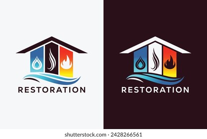 Minimalist Restoration company vector logo for Fire Flame , drop and smoke. Modern colorful Fire Flame , drop and smoke vector logo. water, smoke, Crest, ingle logo