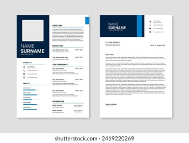 Minimalist resume and cover letter layout design. Professional resume cv template. Vector illustration