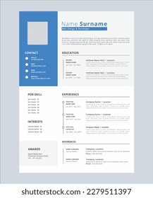 diseño de plantilla de currículum cv minimalista con color azul y blanco