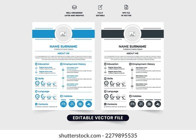 Minimalist resume and CV template vector with photo placeholders. Creative resume layout design for professional job applications. Office CV layout vector with dark and blue colors.