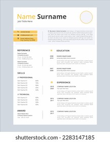 minimalist resume template design with yellow elements, vector eps10