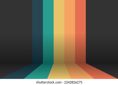 Resumen retro minimalista Fondo oscuro. Bandas azules, amarillas y naranjas. Habitación vacía con franjas de colores. Diseño de arte gráfico EPS10 vectorial.