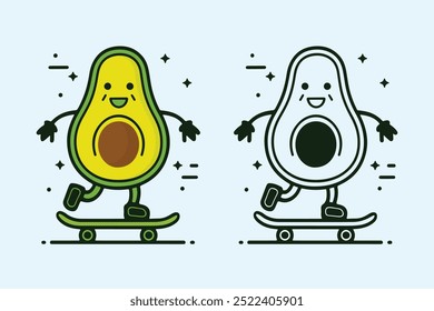 minimalist retro avocado playing skateboard cartoon vector illustration