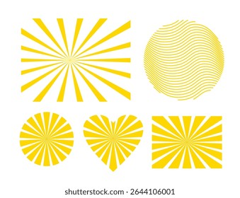 Minimalist retro frame set 5 yellow vector shapes circular, horizontal sunbursts, heart rays, wavy circle. Thin rays offset center variant. Flat color Modular design assets for vintage branding