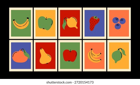 Minimalist retro fruit posters with simple shapes and bold composition. Clean vintage style fruit illustrations for modern wall decor and prints